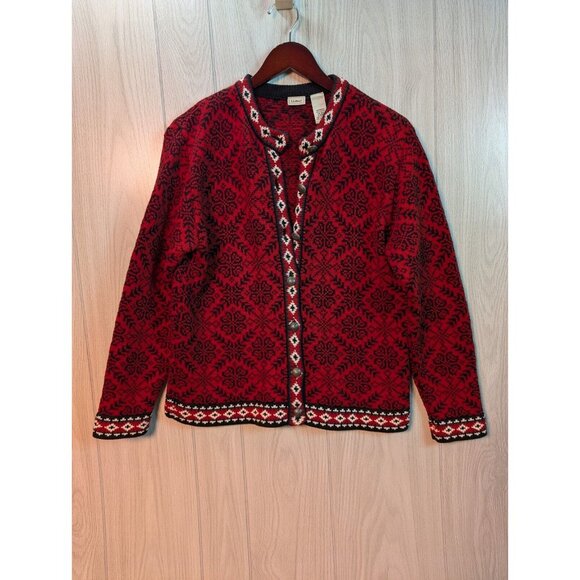 LL Bean Cardigan Womens Small Red Fair Isle Chunky Sweater Cotton Nordic Button - Picture 1 of 7